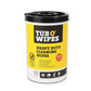 A yellow and white Tub O’ Wipes canister with a black lid, featuring product feature text and icons for auto, home, project, and hand use.