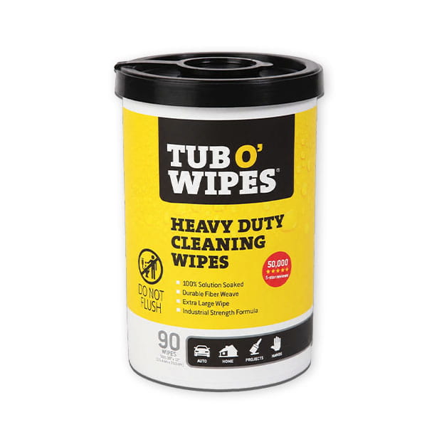 A yellow and white Tub O’ Wipes canister with a black lid, featuring product feature text and icons for auto, home, project, and hand use.