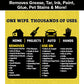 Informational graphic detailing the various cleaning applications for Tub O’ Wipes, categorized by use on surfaces in the home, projects, auto, and hands.