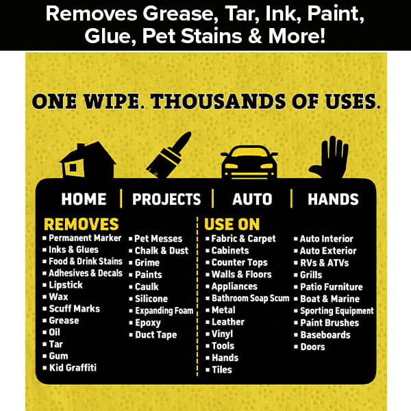 Informational graphic detailing the various cleaning applications for Tub O’ Wipes, categorized by use on surfaces in the home, projects, auto, and hands.