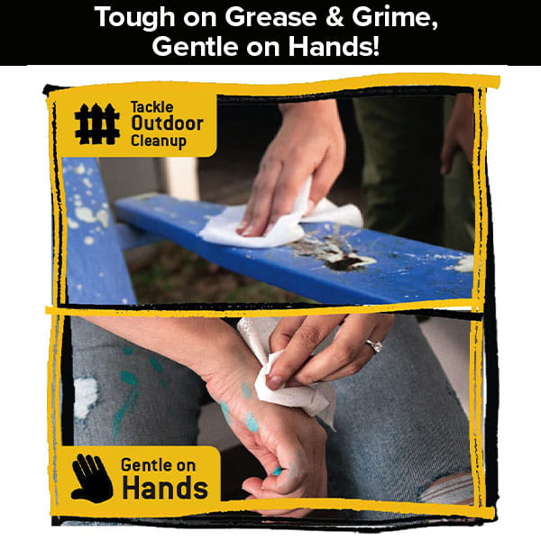 Tub O’ Wipes are tough on grease and grime yet gentle on hands, shown in two photos: one cleaning a surface and another removing paint from skin.