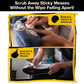 Two panels showing hands using Tub O’ Wipes to remove adhesive from a blue garment and dirt from a white sneaker, with text reading Scrub Away Sticky Messes Without the Wipe Falling Apart! and Remove Stickers & Adhesives.