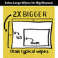 Comparison graphic showing a large 12 by 10-inch Tub O’ Wipes industrial-strength cleaning wipe next to a smaller wipe, with the text 2X BIGGER than typical wipes.