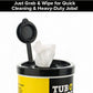 A single Tub O’ Wipes industrial-strength cleaning wipe pulled from the open lid of a plastic canister, with text above reading Just Grab & Wipe for Quick Cleaning & Heavy-Duty Jobs!.