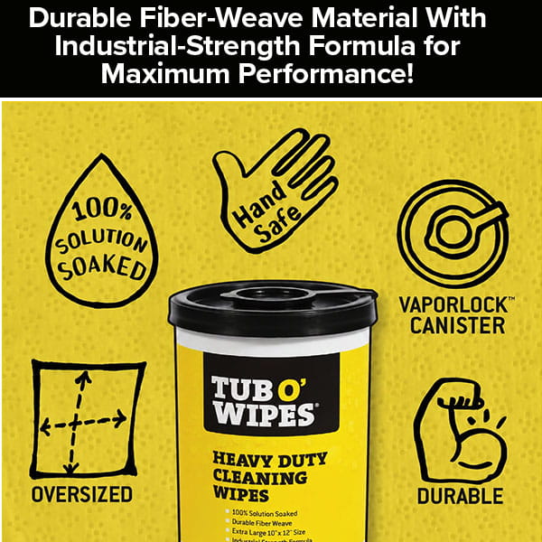 Tub O’ Wipes canister surrounded by icons highlighting features: 100% solution-soaked, hand safe, vapor-lock lid, oversized sheets, and durable material.