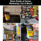 A four-panel collage showing a tub of Tub O’ Wipes being used to clean a stovetop, shelved in a garage, kept in a studio, and held inside a car.