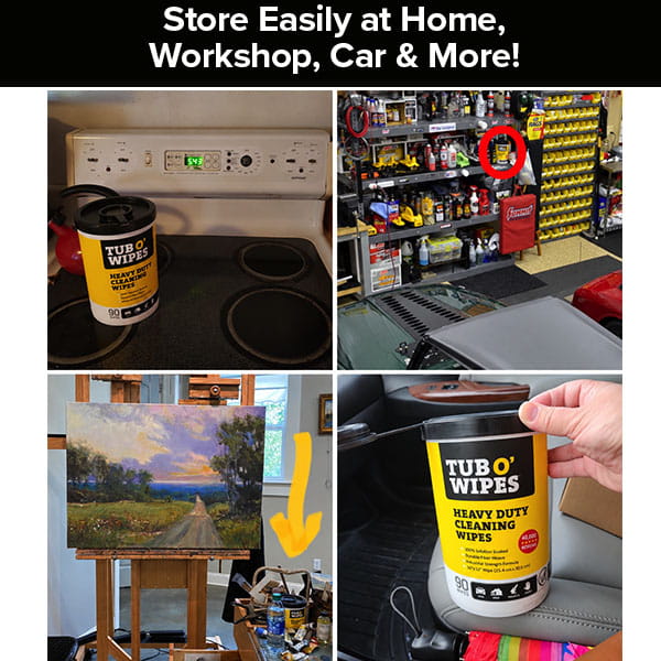 A four-panel collage showing a tub of Tub O’ Wipes being used to clean a stovetop, shelved in a garage, kept in a studio, and held inside a car.