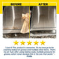 A before and after comparison of a stained air fryer being cleaned by Tub O’ Wipes, paired with a five-star review praising the product for removing baked-on grease.