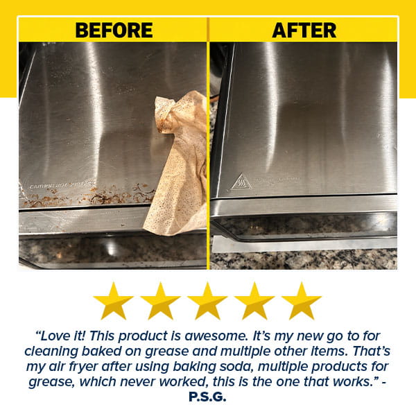 A before and after comparison of a stained air fryer being cleaned by Tub O’ Wipes, paired with a five-star review praising the product for removing baked-on grease.