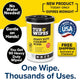 A cylindrical container of Tub O’ Wipes industrial-strength grease remover wipes surrounded by promotional text highlighting that they require no water, are gentle on hands, and include free shipping.