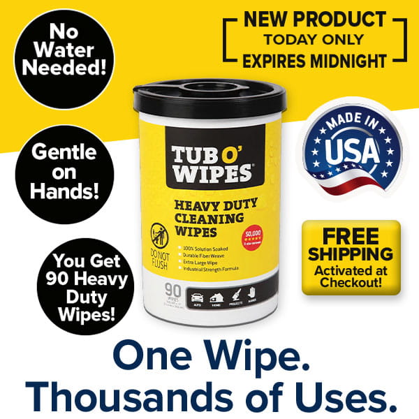 A cylindrical container of Tub O’ Wipes industrial-strength grease remover wipes surrounded by promotional text highlighting that they require no water, are gentle on hands, and include free shipping.