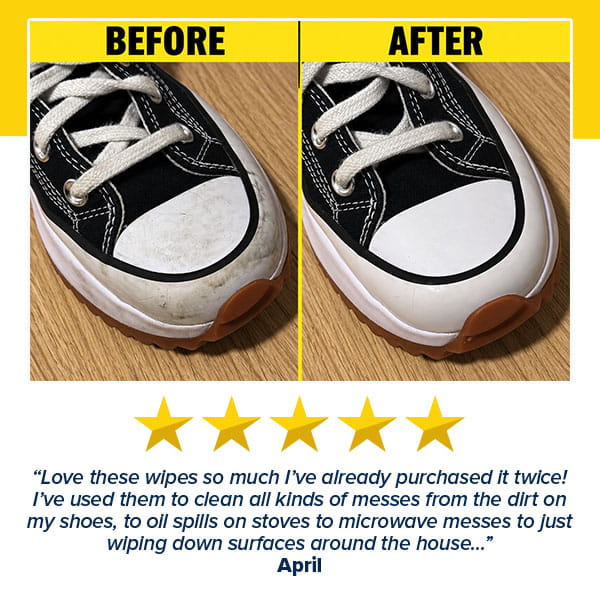 A before-and-after comparison of a dirty shoe being cleaned with Tub O’ Wipes, placed next to a five-star review praising their effectiveness on various household messes.
