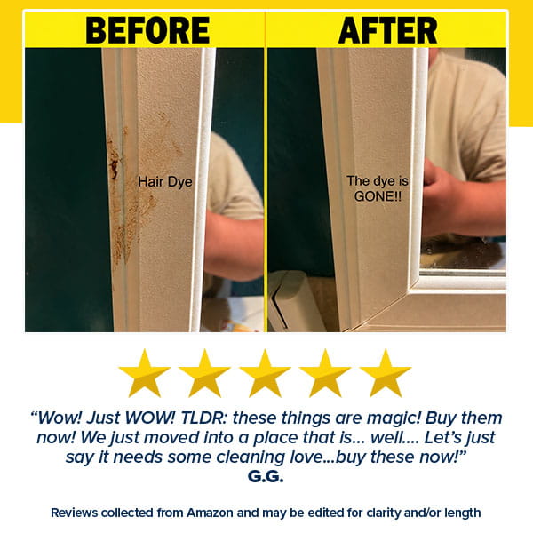 Before and after photos showing a white surface cleaned of a brown stain using Tub O’ Wipes, with a five-star review underneath.