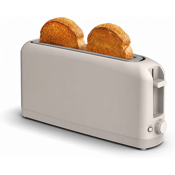 The Slim Toaster Fits Anywhere is a wide, white toaster with an extra-wide slot for thicker breads. It has two slices of toasted bread inside and features a dial and lever on the right side, all in a modern, minimalist design.