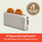 The Slim Toaster Fits Anywhere in sleek white, pictured with two slices of bread, claims to be the #1 space-saving toaster and offers 50% more capacity than conventional models. With extra-wide slots, it easily fits a variety of bread types for your perfect breakfast.