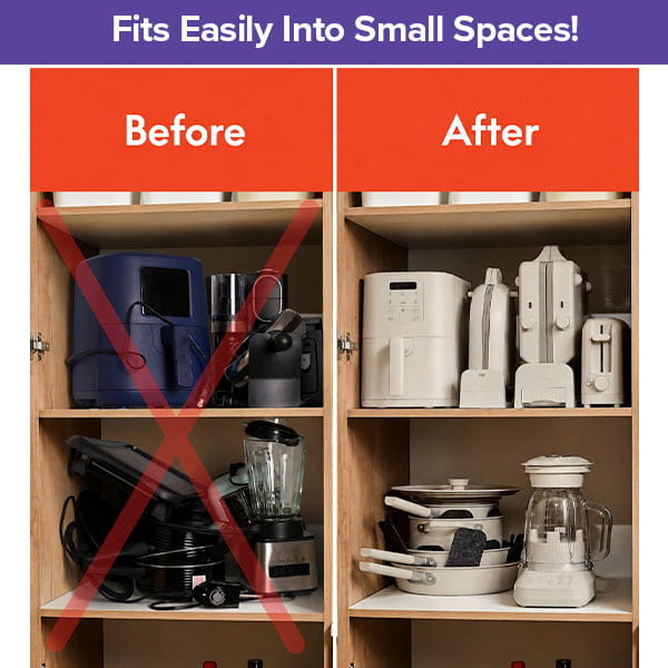 Side-by-side shelves labeled Before and After. The left shows cluttered kitchen appliances, while the right features the Slim Toaster Fits Anywhere—a compact toaster with an extra-wide slot, neatly organized to fit more efficiently into the space. Text: Fits Easily Into Small Spaces!.