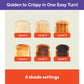 Six slices of toast, labeled Level 1 through Level 6, display a progression from lightest to darkest shades, demonstrating the six shade settings of the Slim Toaster Fits Anywhere, which features an extra-wide slot to accommodate all your favorite breads.