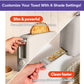The Slim Toaster Fits Anywhere is pictured with toast popping up from its extra-wide slots, showcasing its powerful 900-watt heating system. Another image features a hand effortlessly sliding out the crumb tray for easy cleaning. Text: Customize Your Toast With Six Shade Settings!.