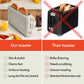 A comparison of two toasters: the Slim Toaster Fits Anywhere—a neat, slim white toaster with extra-wide slots and breakfast items beside it, placed next to its benefits—and a bulky black toaster crossed out alongside its drawbacks.