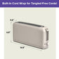 Introducing the Slim Toaster Fits Anywhere in beige, measuring 14.8″ wide, 6.8″ tall, and 3.6″ deep. It features an extra-wide slot to accommodate all your favorite breads. The text above reads “Built-In Cord Wrap for Tangle-Free Cords!” on a purple background.