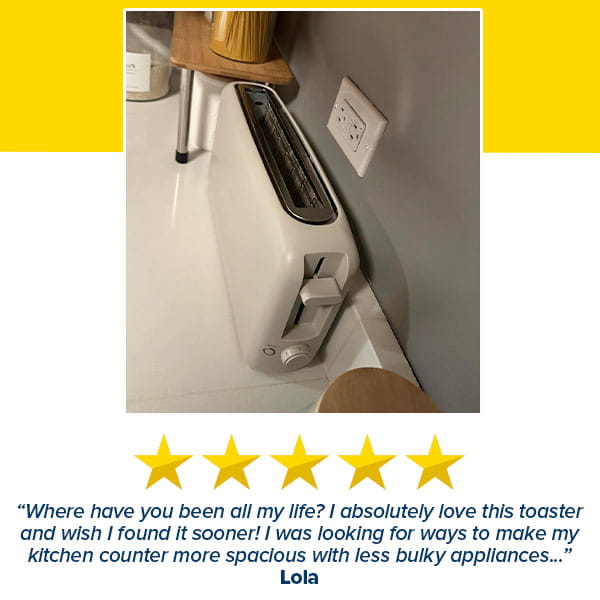 A Slim Toaster Fits Anywhere sits on a kitchen counter near a power outlet, with a five-star review below praising its compact design, functionality, and convenient six shade settings.