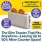 The Slim Toaster Fits Anywhere, in sleek white, features a compact design that holds two slices of toast. Text highlights its space-saving build, extra-wide slots, six adjustable toast shade settings, free shipping, and a limited-time new product offer.