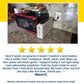 A red microwave and a white Slim Toaster Fits Anywhere with extra-wide slots sit on a gray kitchen countertop. Below the image is a customer review featuring five yellow stars and text praising the Slim Toaster Fits Anywhere.