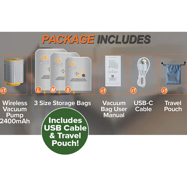 Vacuum Bags for Travel with Wireless Rechargeable Pump (15 Bags)
