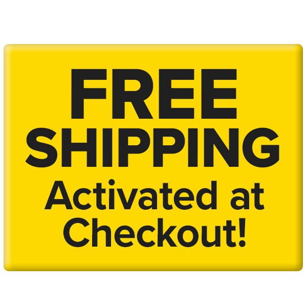 A yellow rectangular sign with bold black text reads, FREE SHIPPING Activated at Checkout! Ideal for Muscle Code Essential Amino Acid Capsules—supporting muscle recovery and lean muscle growth.