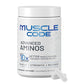 A white bottle labeled Muscle Code Essential Amino Acid Capsules features blue text and contains 120 capsules. Two capsules are in front. The label highlights lean muscle growth, strength, recovery, and protein synthesis support.