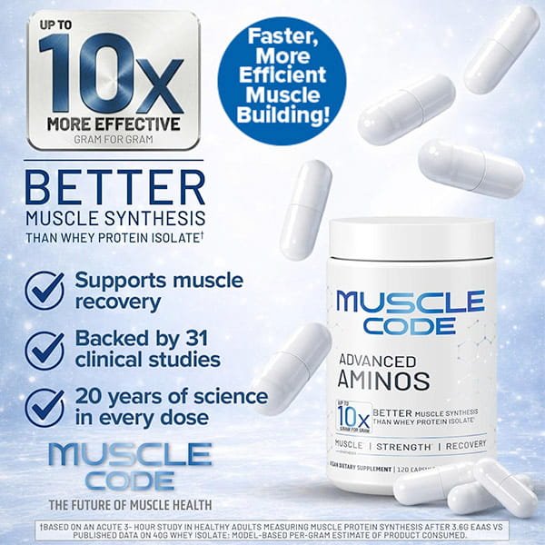 Promotional image for Muscle Code Essential Amino Acid Capsules, showing the supplement bottle and capsules with text highlighting lean muscle growth, faster recovery, scientific backing, and 20 years of research.