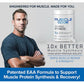 A muscular man stands beside Muscle Code Essential Amino Acid Capsules. Text highlights 10x better muscle synthesis, rapid muscle repair & strength, and supports lean muscle growth and recovery.