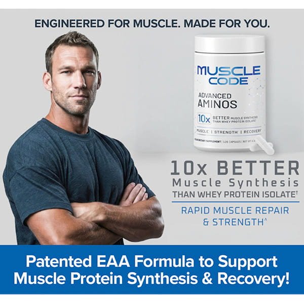 A muscular man stands beside Muscle Code Essential Amino Acid Capsules. Text highlights 10x better muscle synthesis, rapid muscle repair & strength, and supports lean muscle growth and recovery.