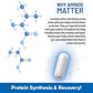 A graphic features the Muscle Code Essential Amino Acid Capsules, a white capsule, and text highlighting that essential amino acids aid muscle recovery and lean growth and must be obtained through diet or supplements.