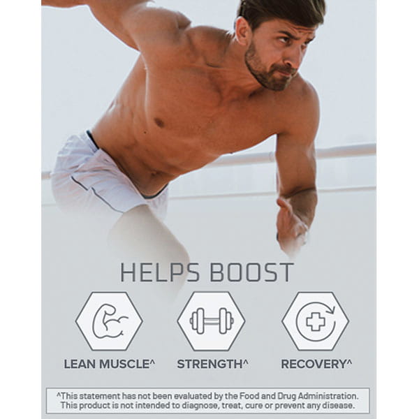 A fit, shirtless man in athletic shorts sprints above icons highlighting Muscle Code Essential Amino Acid Capsules’ benefits: “Supports Lean Muscle Growth, Strength, Recovery.” Disclaimer: Not evaluated by the FDA.