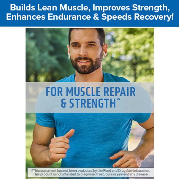 A fit man in a blue shirt jogs outdoors, wearing wireless earbuds. Text above him reads: Builds Lean Muscle, Improves Strength, Enhances Endurance & Speeds Recovery! Muscle Code Essential Amino Acid Capsules for muscle recovery & strength appear on the image.