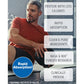 A man in a gym sits on the floor holding a medicine ball. Text highlights Muscle Code Essential Amino Acid Capsules for muscle recovery, protein with fewer calories, rapid absorption, clean ingredients, and clinically proven NASA/NIH-backed results.
