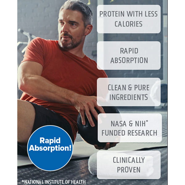 A man in a gym sits on the floor holding a medicine ball. Text highlights Muscle Code Essential Amino Acid Capsules for muscle recovery, protein with fewer calories, rapid absorption, clean ingredients, and clinically proven NASA/NIH-backed results.
