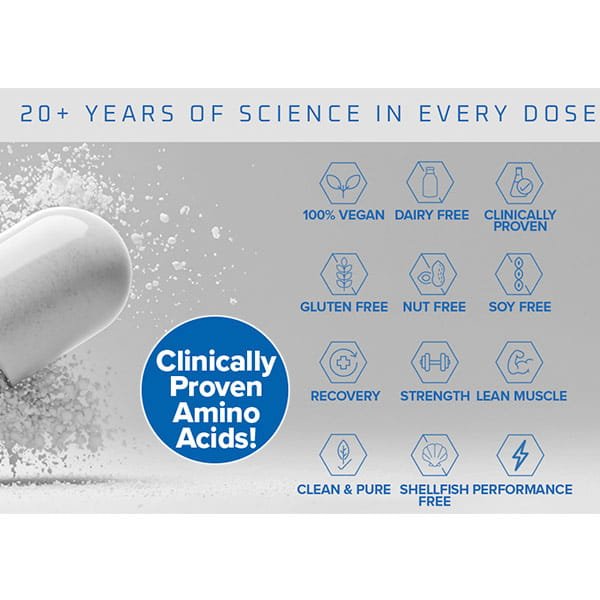 A white capsule appears next to text: "20+ years of science in every dose" and icons—vegan, dairy, gluten, nut, soy & shellfish free. Muscle Code Essential Amino Acid Capsules support muscle recovery, strength & lean muscle growth. Clinically proven.