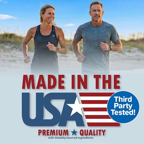 Two fit adults jog on a beach. Text: Muscle Code Essential Amino Acid Capsules—premium quality, third-party tested for lean muscle growth and recovery. Made in the USA with globally sourced ingredients.