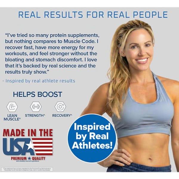 A smiling woman in athletic wear stands with her hands on her hips. Text features a testimonial for Muscle Code Essential Amino Acid Capsules, highlighting lean muscle growth, strength, and recovery. Made in the USA and "Inspired by Real Athletes" badges are shown.