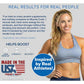 A smiling woman in athletic wear stands with her hands on her hips. Text features a testimonial for Muscle Code Essential Amino Acid Capsules, highlighting lean muscle growth, strength, and recovery. Made in the USA and "Inspired by Real Athletes" badges are shown.