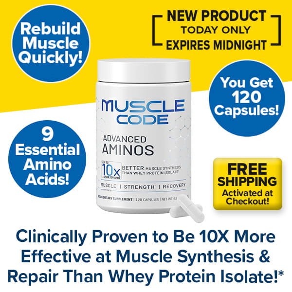 Promotional image for Muscle Code Essential Amino Acid Capsules, featuring fast muscle recovery, all 9 essential amino acids, 120 capsules per bottle, free shipping, and claims of 10x more effective lean muscle growth than whey protein.