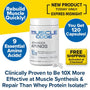 Promotional image for Muscle Code Essential Amino Acid Capsules, featuring fast muscle recovery, all 9 essential amino acids, 120 capsules per bottle, free shipping, and claims of 10x more effective lean muscle growth than whey protein.