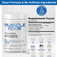 A white container of Muscle Code Essential Amino Acid Capsules is shown with supplement facts. Icons highlight muscle recovery, vegan, clean formula, and no artificial ingredients. Blue banner reads: Clean Formula & No Artificial Ingredients!.