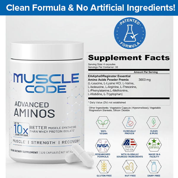 A white container of Muscle Code Essential Amino Acid Capsules is shown with supplement facts. Icons highlight muscle recovery, vegan, clean formula, and no artificial ingredients. Blue banner reads: Clean Formula & No Artificial Ingredients!.