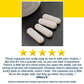Four white Muscle Code Essential Amino Acid Capsules rest on a dark surface near the container, with a five-star rating and user reviews praising their taste, size, convenience, and support for lean muscle growth shown below.