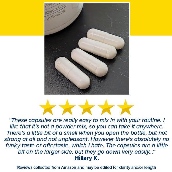 Four white Muscle Code Essential Amino Acid Capsules rest on a dark surface near the container, with a five-star rating and user reviews praising their taste, size, convenience, and support for lean muscle growth shown below.