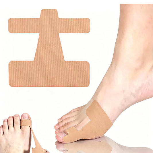 The image shows Pre-Cut Bunion Corrector Tape, a beige adhesive foot pad applied around the big toe to provide targeted support and protection, often used for bunion relief and correction.