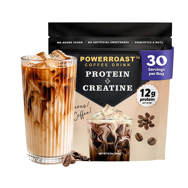 A glass of iced PowerRoast™ Protein + Creatine Coffee sits in front of a bag labeled “Protein + Creatine,” showcasing 12g protein per scoop, 30 servings per bag, and coffee beans beside the products. Enjoy the ultimate combination of cold-brew coffee enhanced with protein and creatine in every cup.
